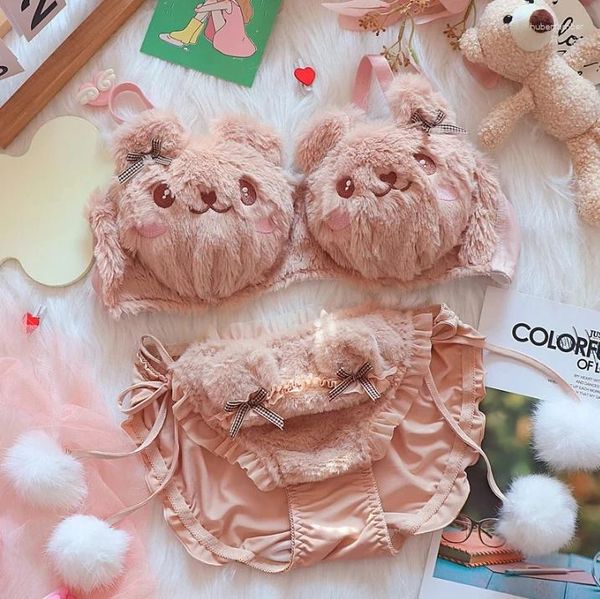 Sutiãs conjuntos japonês inverno lolita bonito sutiã de pelúcia roupa interior urso dos desenhos animados não-aço anel conjunto calor mulheres tamanho grande lingerie underpant