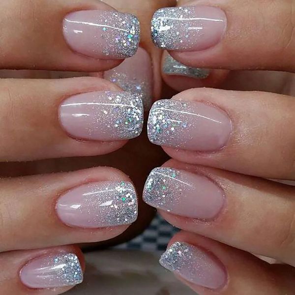 24 pezzi set unghie finte glitter per donne ragazze super flash scintillante sfumato rosa nero punte finte ongles stampa su false nail art 240305