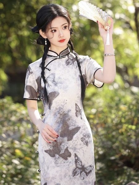 Roupas étnicas Jovem Elegante Shu Fan Menina Linho Longo Cheongsam Primavera e Verão Chinês Manga Curta Diariamente Wearable