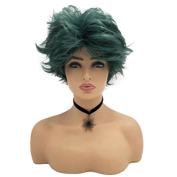 Perücken Kurze Cosplay-Perücke, synthetisches glattes, leicht lockiges Haar, dunkelgrün, für Damen oder Herren, Kopfbedeckung