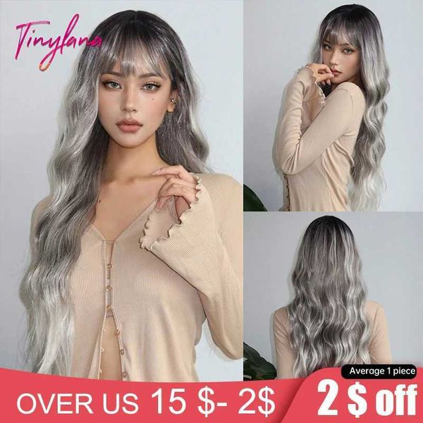 Sentetik peruklar cosplay perukları uzun dalgalı gümüş gri ombre sarışın peruklar ile patlamalar kıvırcık platin cosplay doğal saç perukları kadınlar için afro ısıya dayanıklı fiber 240327