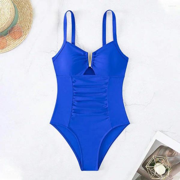 Costumi da bagno da donna Monokini da donna Costume intero con scollo a V alla moda per costumi da bagno a pieghe con tessuto ad asciugatura rapida Tinta unita