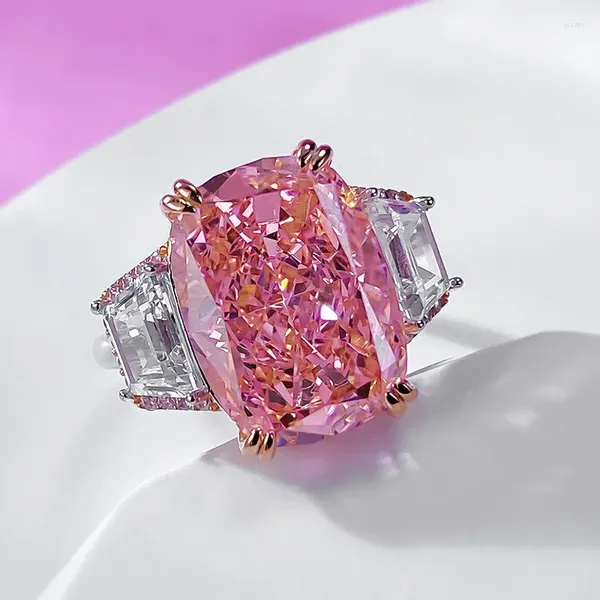 Anéis de cluster valioso 8ct diamante rosa para mulheres homens reais 925 prata esterlina noivado anel de casamento promessa jóias presente