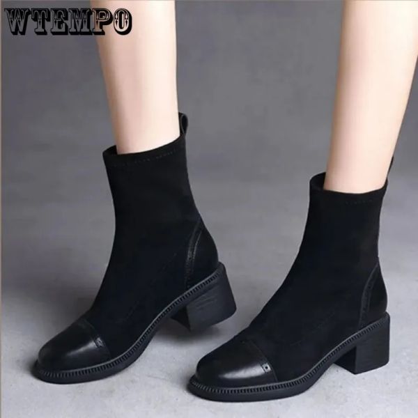 Stiefel schwarze elastische Stiefel Frauen runde Zehen Zuckerguss weiche Leder Dicke Absatz Kurzrohr schlanke Lederstiefel Britisch -Stil Frühling Herbst