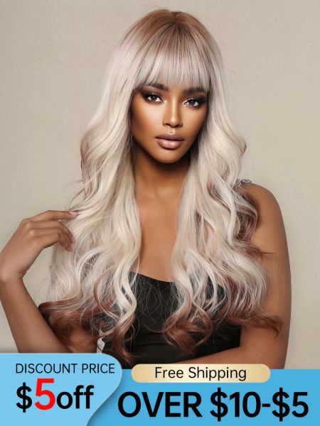 Perucas Platinum Blonde Destaque Vermelho Marrom Longo Ondulado Peruca Sintética com Franja para Mulheres Negras Cosplay Peruca Diária Cabelo Alta Temperatura