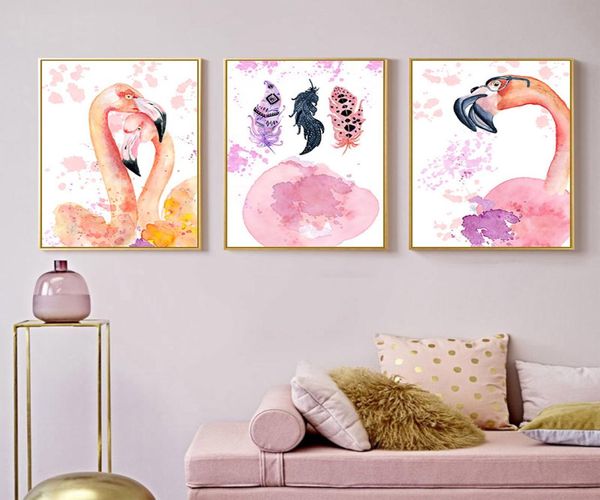 Estilo elegante flamingo pena lona cartaz e impressão arte da parede pintura nordic crianças decoração fotos quarto do bebê decor4515862