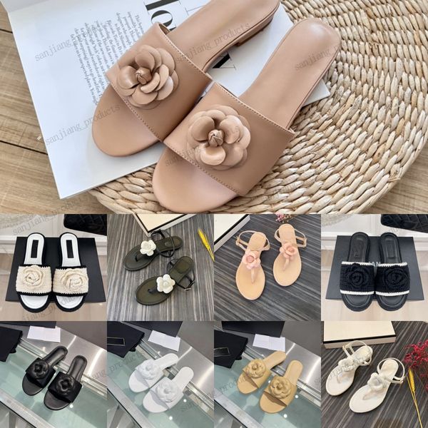 Stilvolle Sandalen, berühmte Designer-Damenhausschuhe, Beige, Schwarz, Rosa, Kamelienblume, Gummi, Kausal-Slipper, Top-Designer, Luxusmode, Sommer, Pool, Strand, Tanga, Flip-Flop