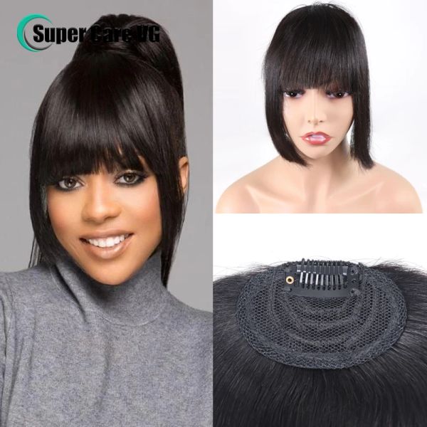 Franja preto e marrom trama de cabelo humano franja extensões de cabelo clipe na frente peruca para mulher 15cm 5x7cm 150% densidade grossa em linha reta