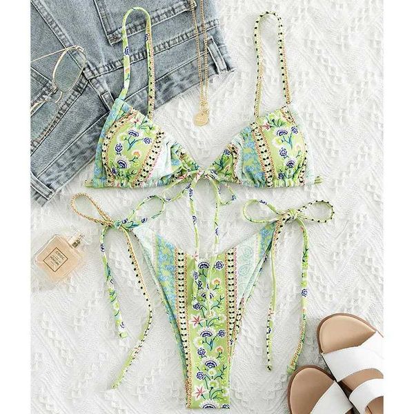 Mulheres Swimwear 2022 Impressão Floral Listrado Bandagem Biquíni Terno Mulheres Verão Sexy Push Up Maiô Praia Terno Suspender Biquíni Maiô J240319