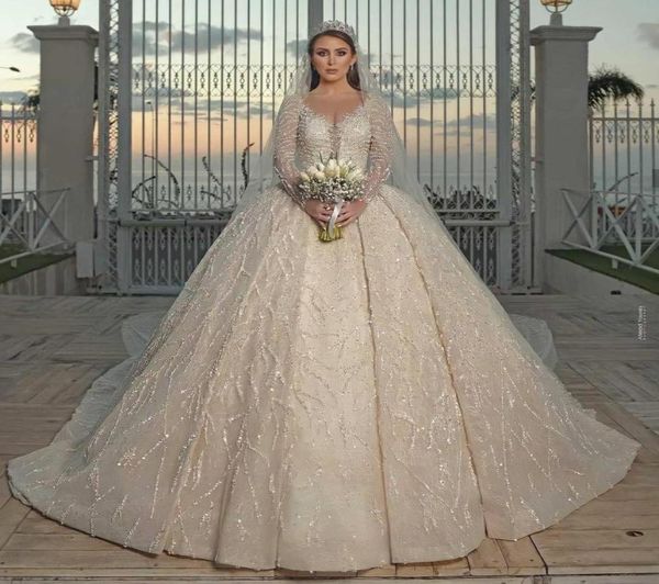 Luxo marfim dubai vestido de baile vestidos de casamento manga longa sheer v pescoço cristal frisado apliques vestidos de noiva novias8008845
