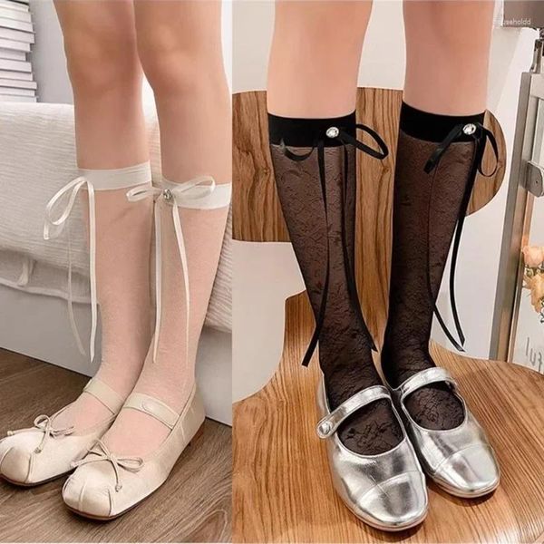 Damensocken, modisch, elegant, durchsichtig, Netzstoff, Seide über der Wade, mit Strasssteinen, Schleife, Rosenmuster, durchsichtige lange Strümpfe