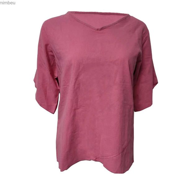T-shirt das mulheres de algodão linho mulheres camisa sólida v-pescoço top solto blusas vintage meia manga plissado hem túnica ropa de mujer 2021 c24319