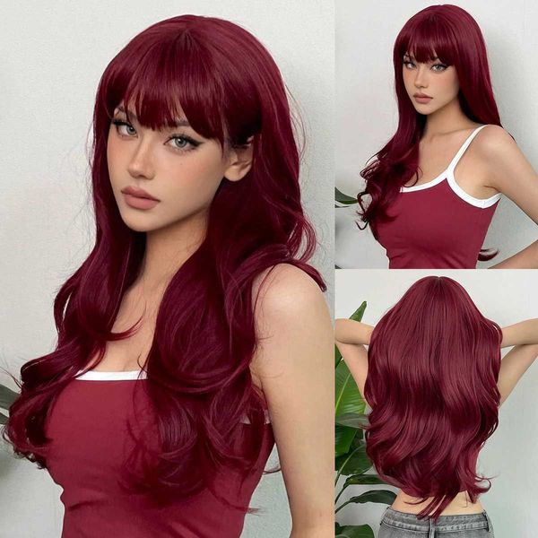 Perucas sintéticas perucas de renda cosplay halloween lolita peruca sintética onda longa escuro borgonha vinho vermelho mulheres perucas com franja alta temperatura natural falso cabelo 240327