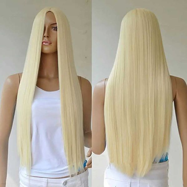 Perucas sintéticas perucas de renda feminino longo em linha reta peruca completa cabelo loiro sintético sem franja para festa cosplay 240328 240327