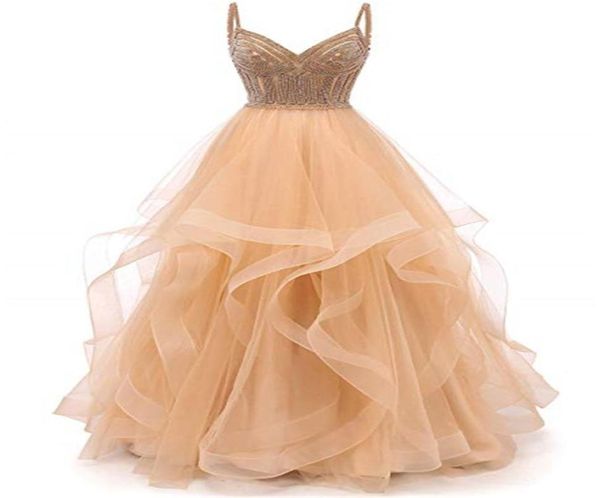 Tule cristal frisado vestidos de baile em camadas vestidos de noite formais cinta de espaguete vestido de baile2082553