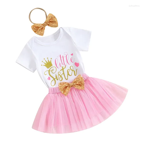 Kleidungssets Sommer -Kinder -Baby -Outfits Buchstaben kurz Ärmelteile Tüll Tulle Tutu Rock Pailletten Bowknot Stirnband Set