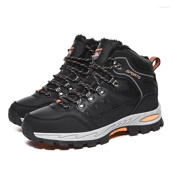 Обувь для фитнеса, уличные походные ботинки большого размера, мужские и женские нескользящие зимние черные теплые кроссовки на шнуровке на меху, 42 треккинговые туфли