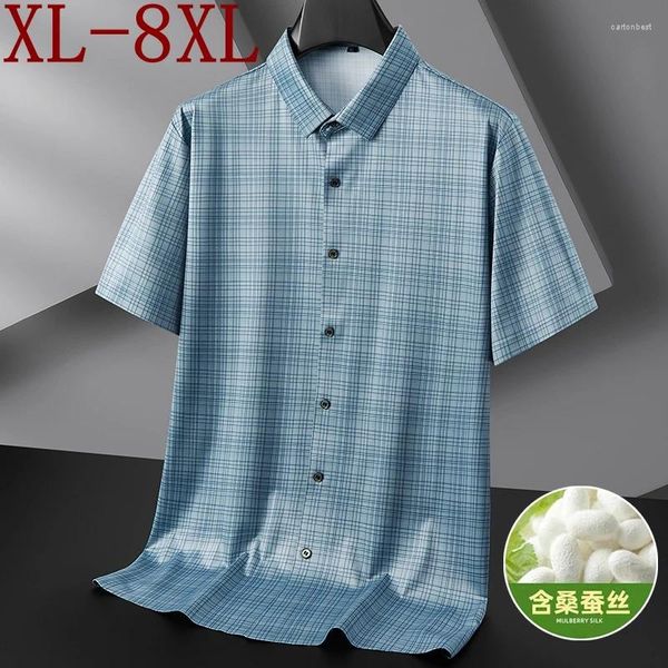 Мужские повседневные рубашки 8XL 7XL 6XL, летние элитные роскошные шелковые рубашки для мужчин в английском стиле, мужская модная свободная брендовая одежда, сорочка Homme 2024