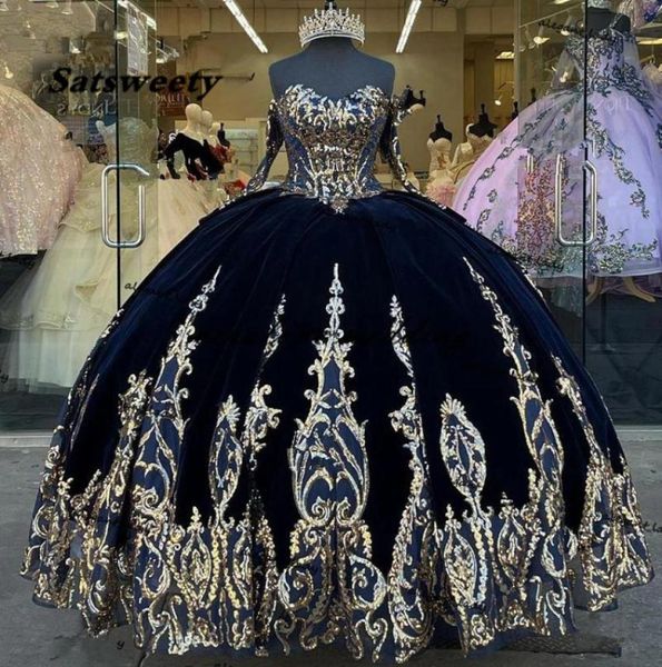 Azul marinho veludo princesa quinceanera vestido de baile lantejoulas rendas apliques vestido mexicano estilo doce 15 vestidos de baile 6353607