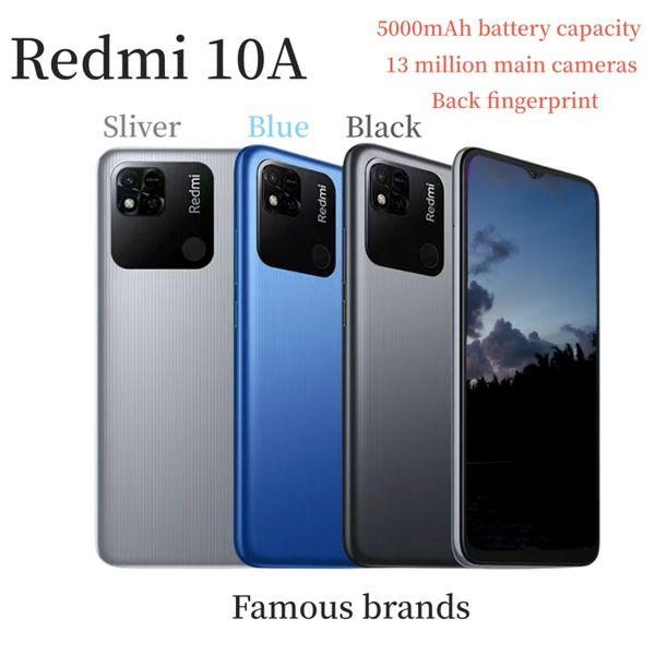 6,53-дюймовые сотовые телефоны Xiaomi Redmi 10A 4G Android Китайский бренд Разблокировка по отпечатку пальца сзади 5000 мАч Большая батарея большой экран с двумя SIM-картами Интеллектуальный игровой Bluetooth-телефон