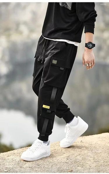 Calças masculinas preto workwear casual para primavera americano vintage na moda carregando com babados e bonito high street straig