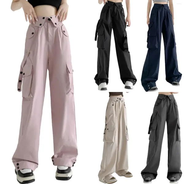 Calças femininas moda cor sólida solta trabalho reto fino multi bolso sweatpants bonito roupas elegantes de algodão feminino casual