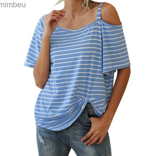 T-shirt da donna T-shirt a righe casual moda estiva da donna Colletto obliquo nodo largo manica corta TopC24319