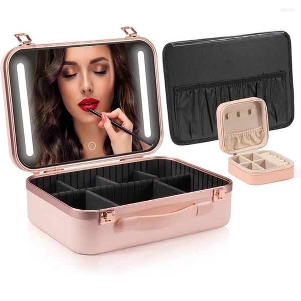 Aufbewahrungsboxen, Make-up-Tasche, beleuchteter Koffer, großer LED-Lichtspiegel, verstellbare Trennwand, wasserdicht, tragbar, Make-up, rosa Kosmetiktaschen