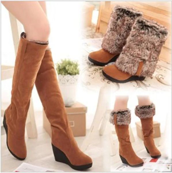 Stiefel Boots Frauen neue 2024 Herbstschuhe Australien Winterschuhtuhe sexy Oberschenkel High Heels hoch sexy runde Zehen Schneekeil Low Gummi -Pad