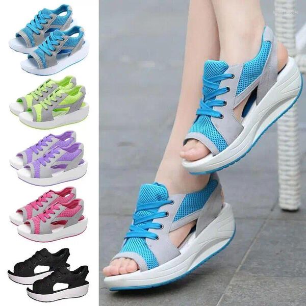 Sapatos de caminhada Muffin Sandálias Confortáveis Cunhas para Mulheres Contraste Painéis Recorte Lace-Up Verão Peep Toe