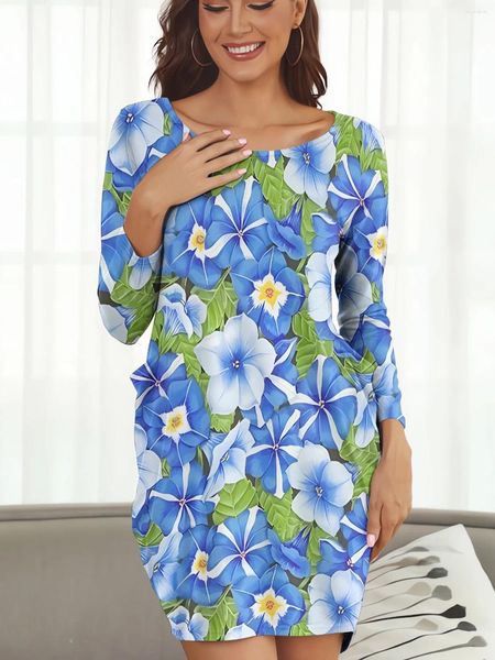 Lässige Kleider Hübsche Blumen Blue Morning Glory Gedruckt Lose Tochter Röcke Weibliche Langarm Taschen Kleid Für Frauen Kleidung