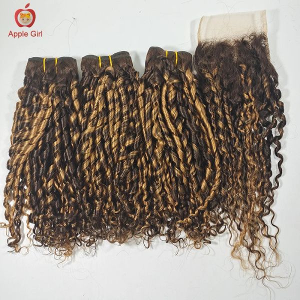 Parrucche Ricci Evidenzia Fasci di arricciature Pixie con chiusura Funmi Capelli Chiusura in pizzo trasparente con fasci di capelli umani Capelli remy brasiliani