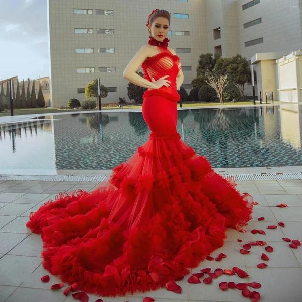 Повседневные платья Великолепный красный тюль с рюшами для выпускного вечера Вечернее 3D-цветочное платье с бретелькой на шее Русалка Свадебное платье с рюшами Многоуровневые платья Vestidos Para Mujer