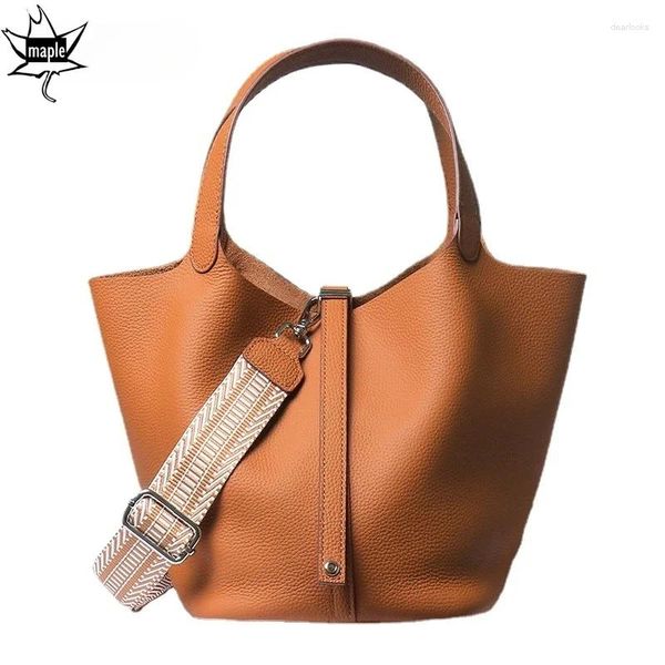 Totes 2024 Mode Stilvolle Korb Shopper Tote 2 Größen Echte Kuh Leder Frauen Handtasche Gurtband Breiten Riemen Weibliche Umhängetasche blau