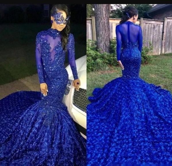 Lusso coda lunga Royal Blue 2019 ragazze nere sirena abiti da ballo collo alto maniche lunghe in rilievo fiori fatti a mano festa serale Gow4778089