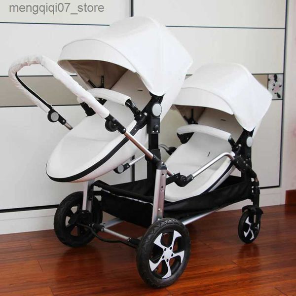 Passeggini # 2024 Nuovi passeggini per bambini in pelle PU di lussopasseggino gemellare biancocarrozzina per bambinipasseggino doppiopasseggino gemellareEggshell baby car L240319