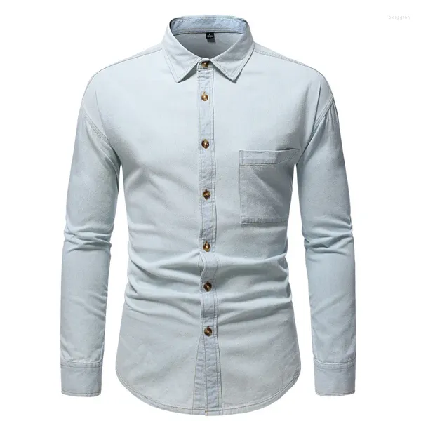 Мужские повседневные рубашки, весенняя модная джинсовая классическая рубашка, однотонная облегающая рубашка с длинным рукавом, мужской роскошный деловой топ на пуговицах, S-4XL