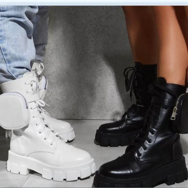 Stivali 2020 Nuovo Prodotto Pocket Boots Stivali da donna Scarpe piattaforma allacciate Scarpe militari nere spesse Donna Mezza Botas Mujer