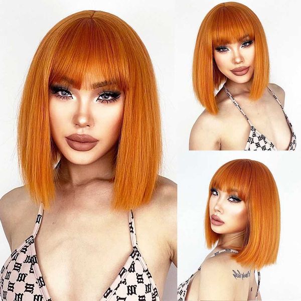 Perucas sintéticas cosplay perucas curtas retas peruca laranja com franja peruca de fibra sintética afro-americana branca feminina cosplay/festa/peruca diária 240328 240327