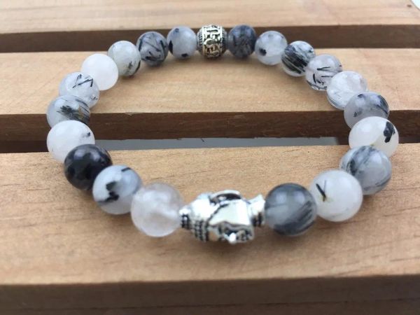 Strand 8mm Rutilated Quartz Silvers Buddha Bilezik Moda Bilezikleri Doğal Taş Yuvarlak Boncuk Baskavyetyoga Mala Beads Sport