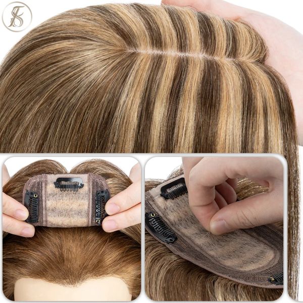 Toppers TESS Haaraufsätze für Damen, 7 x 12,5 cm, Haarspangen, natürliche Haarperücken, 100 % Echthaar, Seidenbasis, blonde Clip-in-Haarverlängerungen