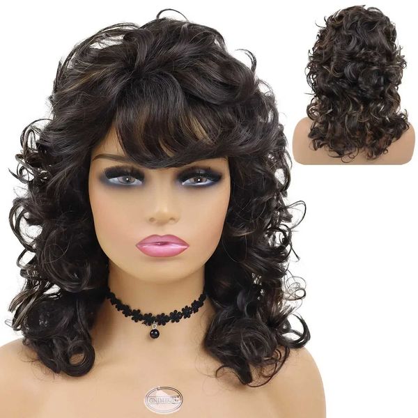 Perucas sintéticas vintage sintético longo encaracolado perucas com franja marrom preto feminino peruca destaques afro-americanos cachos onda perucas naturais para mulher 240328 240327