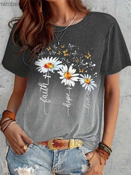 Damen-T-Shirt, modisch, Farbverlauf, Harajuku, Damen-T-Shirts, lustige 3D-Blumendruck-T-Shirts, lässig, O-Ausschnitt, kurzärmelig, Tops, Sommer, lockere Mädchen-T-ShirtsC24319