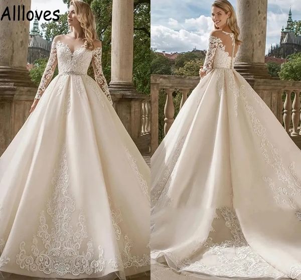 Modest cetim princesa vestido de baile vestidos de casamento com mangas compridas sheer neck renda appliqued vestido de noiva saia inchada ilusão botões voltar vestidos de novia yd