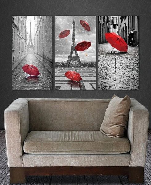 Banmu pintura arte de parede preto e branco torre eiffel com guarda-chuva vermelho pintura de rua decoração imagem arte impressões tela wl8105318