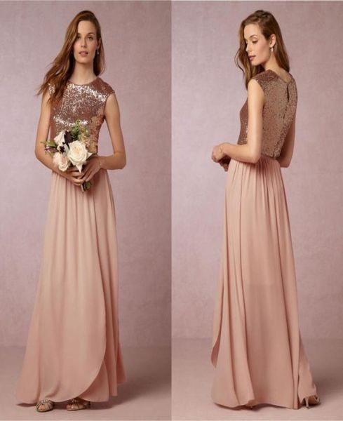 Bhldn Due pezzi Paillettes Abiti da damigella d'onore country Economici Gioiello Collo Manica ad aletta Sweep Train Plus Size Abito lungo da damigella d'onore1083784