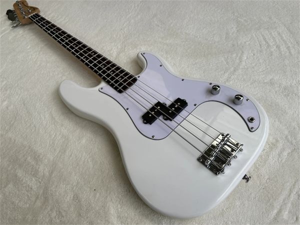 Basso elettrico Guitar Factory bianco a 4 corde, tastiera in palissandro, hardware cromato, battipenna bianco, personalizzato