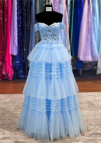 Luz requintado azul tutu saia vestidos de noite uma linha fora dos ombros apliques contas camada babados longos vestidos de baile vestidos de bal bc18407 ppliques