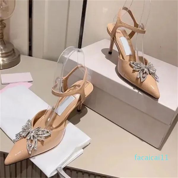 Sandali firmati Tacchi alti in pelle da donna Cena Farfalla Fibbia con diamanti Pelle verniciata Scivoli piatti estivi Sandalo da donna Scarpe da sposa per feste