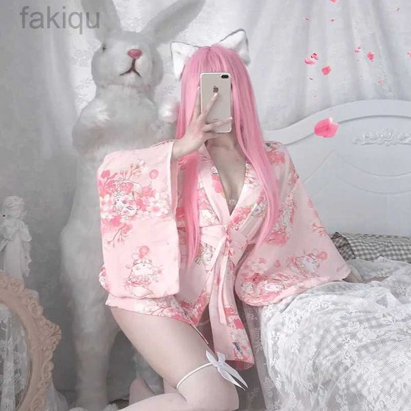 Sexy Set Sexy japanische rosa Kawaii Kimono Cosplay Dessous Outfit traditionellen Stil Robe Versuchung Kostüme Pyjamas Gürtel Set für Frauen 24319